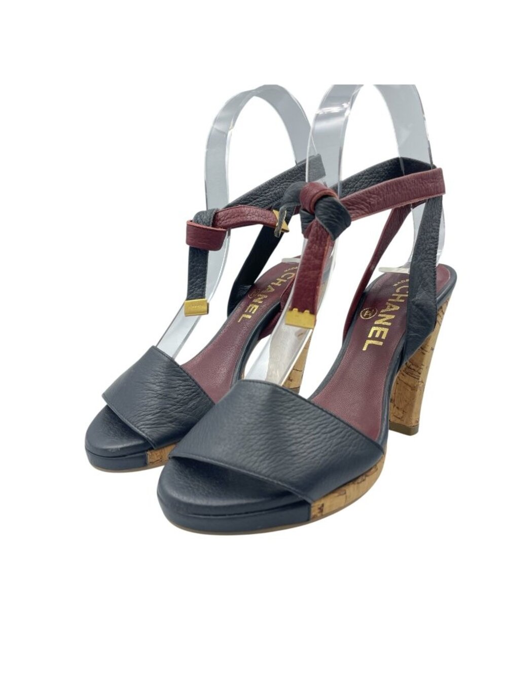 Chanel Sandals Leather Cork Heels Gold CC Logo Navy Bordeaux